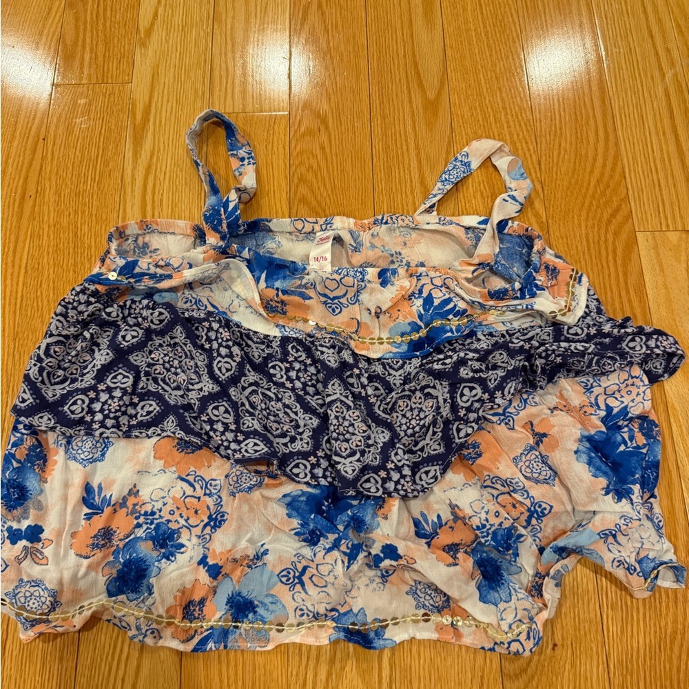 Floral Print Sleeveless Ruffle Kids Top - Blue & Peach